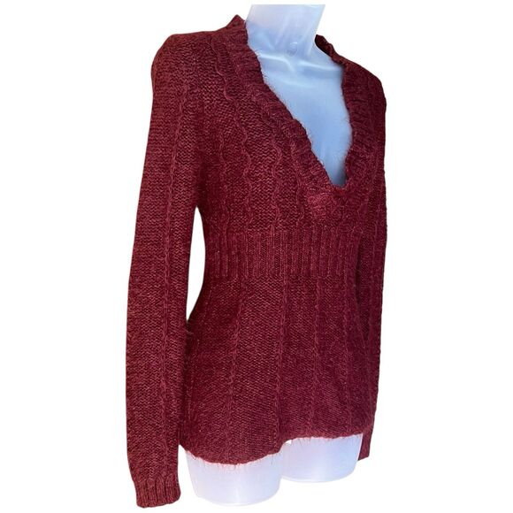 Arizona Wine Red V Neck Fitted Fuzzy Knit Sweater Sz S Y2K Goblincore Whimsigoth - Picture 3 of 14